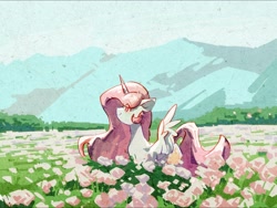 Size: 2160x1620 | Tagged: safe, artist:lendftcn, imported from derpibooru, princess celestia, alicorn, pony, female, flower, flower field, grass, looking up, mare, outdoors, pink-mane celestia, profile, smiling, solo, spread wings, wings