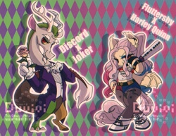 Size: 2048x1583 | Tagged: safe, artist:duvivi, imported from derpibooru, discord, fluttershy, draconequus, pegasus, pony, abstract background, antlers, baseball bat, bipedal, clothes, cosplay, costume, dc comics, duo, duo male and female, female, flower, harley quinn, hoof hold, horn, joker, jokercord, leggings, male, mare, name, shirt, shoes, suit