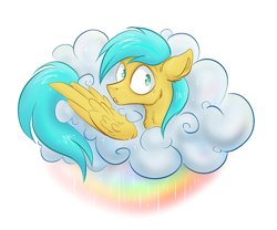 Size: 1010x839 | Tagged: safe, artist:jehr, imported from derpibooru, sunshower raindrops, pegasus, pony, cloud, ear fluff, one ear down, rain, rainbow, simple background, solo, white background, wings