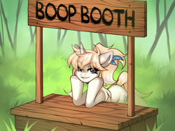 Size: 4000x3000 | Tagged: safe, artist:sugarstar, imported from derpibooru, oc, pony, unicorn, boop, booth, looking at you, smiling, smiling at you, solo