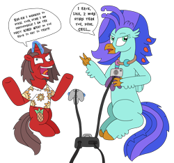 Size: 3288x3072 | Tagged: safe, artist:supahdonarudo, imported from derpibooru, oc, oc only, oc:ironyoshi, oc:sea lilly, classical hippogriff, hippogriff, pony, unicorn, atg 2023, camera, clothes, controller, dialogue, duo, insanity, jewelry, laughing, levitation, magic, maniacal laugh, mario party, necklace, newbie artist training grounds, nintendo 64, shirt, simple background, sitting, speech bubble, telekinesis, text, transparent background