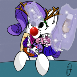 Size: 506x506 | Tagged: safe, edit, idw, imported from derpibooru, rarity, pony, antlers, champagne glass, christmas, comic, cute, holiday, magic, reindeer antlers, rudolph nose, telekinesis