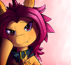 Size: 600x550 | Tagged: safe, imported from derpibooru, scootaloo, pegasus, pony, chest fluff, collar, female, gradient background, hoof on cheek, lesboloo, lidded eyes, looking at you, signature, smiling, solo