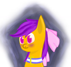 Size: 1280x1206 | Tagged: safe, artist:kari-999, imported from derpibooru, scootaloo, pegasus, pony, abstract background, blood, blushing, bow, collar, female, hair bow, lesboloo, looking offscreen, nosebleed, solo