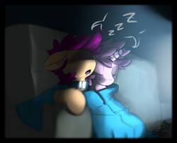 Size: 1280x1038 | Tagged: safe, imported from derpibooru, ruby pinch, scootaloo, pegasus, unicorn, abstract background, bed, collar, drool, duo, female, holiday, indoors, lesbian, lesboloo, onomatopoeia, pillow, scootapinch, shipping, sleeping, sound effects, valentine's day, zzz