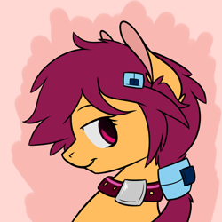Size: 900x900 | Tagged: safe, artist:thezealotnightmare, imported from derpibooru, scootaloo, pegasus, pony, abstract background, alternate eye color, collar, female, hairclip, lesboloo, smiling, solo