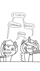 Size: 640x1136 | Tagged: safe, artist:php149, imported from derpibooru, izzy moonbow, sunny starscout, earth pony, unicorn, barbenheimer, barbie (film), cinema, food, g5, monochrome, oppenheimer, popcorn