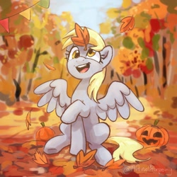 Size: 1418x1418 | Tagged: safe, artist:aanotherpony, imported from derpibooru, derpy hooves, pegasus, pony, autumn, commission, female, forest, halloween, holiday, jack-o-lantern, leaves, mare, open mouth, open smile, pumpkin, scenery, sitting, smiling, spread wings, wings