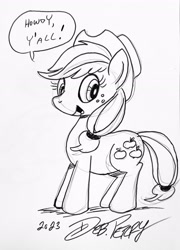 Size: 1917x2661 | Tagged: safe, artist:debmervin, imported from derpibooru, applejack, earth pony, black and white, grayscale, hat, monochrome, traditional art, word bubble