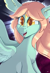 Size: 1390x2048 | Tagged: safe, artist:storyteller, imported from derpibooru, oc, oc only, oc:searchlight, pegasus, pony, chest fluff, colored pupils, female, mare, open mouth, open smile, smiling, solo, wing ears, wings