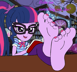 Size: 2757x2564 | Tagged: safe, artist:zeekthatgeek, imported from derpibooru, sci-twi, twilight sparkle, human, equestria girls, bedroom, book, clothes, feet, feet on table, feet up, female, fetish, foot fetish, foot focus, glasses, looking at you, nail polish, soles, solo, toenail polish, toes