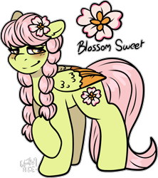 Size: 1650x1855 | Tagged: safe, artist:sexygoatgod, imported from derpibooru, oc, oc only, oc:blossom sweet, pegasus, adoptable, female, magical lesbian spawn, offspring, parent:fluttershy, parent:granny smith, parents:grannyshy, simple background, solo, transparent background