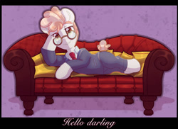 Size: 1280x933 | Tagged: safe, artist:auroracursed, imported from derpibooru, svengallop, earth pony, pony, bedroom eyes, clothes, couch, glasses, hoof on head, male, necktie, reclining, solo, stallion, stupid sexy svengallop, sultry pose