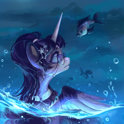 Size: 2048x2048 | Tagged: safe, artist:jewellier, imported from derpibooru, oc, oc only, alicorn, fish, pony, accessory, alicorn oc, bubble, female, glasses, glowing, horn, long hair, long horn, mare, partially submerged, solo, standing in water, underwater, water, water droplet, wings