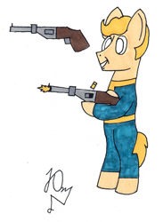 Size: 1324x1808 | Tagged: safe, artist:yusik jerovich, imported from derpibooru, oc, earth pony, pony, fallout equestria, fallout, fallout: new vegas, gun, photo, vault boy, weapon