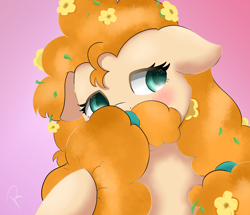 Size: 3580x3080 | Tagged: safe, artist:reinbou, imported from derpibooru, pear butter, earth pony, pony, blushing, cute, female, floppy ears, flower, flower in hair, mare, pearabetes, pink background, simple background, solo