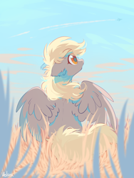 Size: 1500x2000 | Tagged: safe, alternate version, artist:mirtash, imported from derpibooru, derpy hooves, pegasus, pony, contrail, cute, derpabetes, ear fluff, female, field, floppy ears, foreground, grass, looking up, mare, outdoors, partially open wings, plane, rear view, redraw, sitting, sky, solo, wings