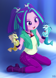 Size: 2500x3450 | Tagged: safe, artist:uotapo, imported from twibooru, adagio dazzle, aria blaze, sonata dusk, siren, equestria girls, ariabetes, blushing, boots, clothes, cute, denim, female, high res, image, jeans, kneeling, open mouth, pants, png, shirt, shoes, the dazzlings, trio, vest