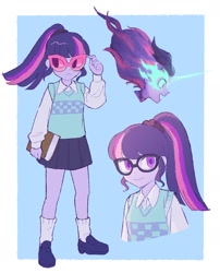 Size: 1444x1791 | Tagged: safe, artist:dotoriii, imported from derpibooru, sci-twi, twilight sparkle, human, equestria girls, book, clothes, female, glasses, midnight sparkle, skirt, smiling, solo, sweater