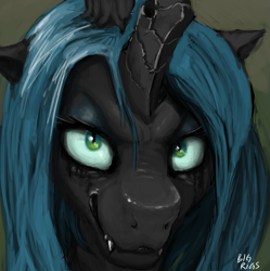 Size: 997x1000 | Tagged: safe, artist:bigrigs, edit, imported from twibooru, queen chrysalis, changeling, chromatic aberration removal, close-up, evil grin, fangs, grin, image, looking at you, png, smiling, solo