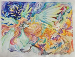 Size: 2048x1573 | Tagged: safe, artist:slimeprints, imported from derpibooru, oc, oc only, oc:searchlight, pegasus, pony, colored pencil drawing, detailed, female, lidded eyes, mare, mixed media, solo, traditional art, watercolor painting, wing ears, wings