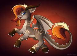 Size: 5432x3992 | Tagged: safe, alternate version, artist:madelinne, imported from derpibooru, oc, oc only, oc:living flame, dragon, big horn, blue eyes, brown mane, claws, dracony oc, dragon-pony hybrid, dragonified, ginger mane, gray fur, happy, horn, horns, male, solo, species swap, stripes, tail