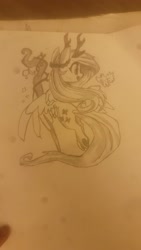 Size: 1080x1920 | Tagged: safe, artist:meekcheep, artist:shythedeadlymouse, imported from derpibooru, fluttershy, bird, pegasus, pony, antlers, butt, druid, female, flutterbutt, flying, frog (hoof), monochrome, pencil drawing, plot, redraw, solo, staff, traditional art, underhoof