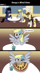 Size: 1920x3516 | Tagged: safe, artist:platinumdrop, imported from derpibooru, derpy hooves, oc, earth pony, pegasus, pony, unicorn, comic:derpy's blind date, 3 panel comic, blind date, burger, chair, cheese, clothes, comic, commission, crumbs, date, diner, drink, eating, excited, female, flower, flower in hair, food, happy, hay burger, looking at you, male, mare, messy eating, muffin, munching, open mouth, pizza, restaurant, sauce, sitting, smiling, speech, speech bubble, spread wings, stallion, straw, table, talking, tongue out, uniform, waiter, wings