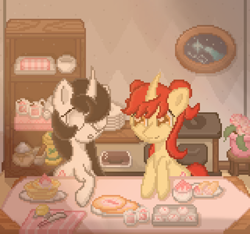 Size: 2048x1920 | Tagged: safe, artist:taoyvfei, imported from derpibooru, oc, oc:taoyvfei, pony, unicorn, curved horn, flower, food, horn, ice, knife, pancakes, pixel art, tea, unicorn oc