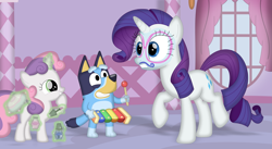 Size: 3549x1944 | Tagged: safe, artist:porygon2z, imported from derpibooru, rarity, sweetie belle, dog, pony, unicorn, australian cattle dog, belle sisters, bluey, bluey heeler, crossover, facial hair, female, filly, foal, glasses, makeover, mare, moustache, musical instrument, siblings, sisters, trio, trio female, xylophone