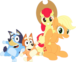 Size: 826x668 | Tagged: safe, artist:porygon2z, imported from derpibooru, apple bloom, applejack, dog, earth pony, pony, apple sisters, australian cattle dog, bingo heeler, bluey, bluey heeler, cowboy hat, crossover, female, filly, foal, g4, grin, hat, looking at you, mare, siblings, simple background, sisters, smiling, smiling at you, transparent background