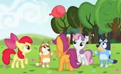 Size: 827x508 | Tagged: safe, artist:porygon2z, imported from derpibooru, apple bloom, scootaloo, sweetie belle, dog, earth pony, pegasus, pony, apple bloom's bow, australian cattle dog, balloon, bingo heeler, bluey, bluey heeler, bow, butt, cloud, crossover, cutie mark crusaders, female, filly, flower, foal, g4, hair bow, playing, plot, scootabutt, tree