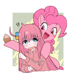 Size: 1050x1107 | Tagged: safe, artist:oukawa, imported from derpibooru, pinkie pie, earth pony, human, pony, anime, blushing, bocchi the rock!, crossover, cupcake, female, food, hitori gotoh, looking at each other, looking at someone, mare, open mouth, open smile, pixiv, smiling, tracksuit