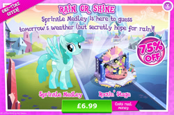 Size: 1961x1301 | Tagged: safe, imported from derpibooru, spring melody, sprinkle medley, pegasus, pony, advertisement, costs real money, drum kit, drums, english, female, gameloft, guitar, mare, mobile game, musical instrument, my little pony: magic princess, numbers, official, sale, solo, spread wings, stage, text, wings