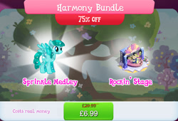 Size: 1267x860 | Tagged: safe, imported from derpibooru, spring melody, sprinkle medley, pegasus, pony, bundle, costs real money, drum kit, drums, english, female, gameloft, guitar, mare, mobile game, musical instrument, my little pony: magic princess, numbers, official, sale, solo, spread wings, stage, text, wings