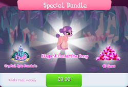 Size: 1263x857 | Tagged: safe, idw, imported from derpibooru, earth pony, pony, bundle, bush, clothes, costs real money, english, female, fountain, gameloft, gem, idw showified, mare, mobile game, my little pony: magic princess, numbers, official, sale, solo, text, unnamed character, unnamed pony