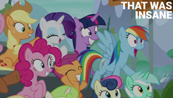 Size: 2000x1125 | Tagged: safe, edit, edited screencap, editor:quoterific, imported from derpibooru, screencap, applejack, bon bon, fluttershy, lyra heartstrings, pinkie pie, rainbow dash, rarity, scootaloo, sweetie drops, twilight sparkle, alicorn, the washouts (episode), mane six, twilight sparkle (alicorn)