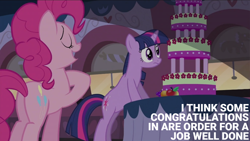 Size: 2000x1125 | Tagged: safe, edit, edited screencap, editor:quoterific, imported from derpibooru, screencap, pinkie pie, twilight sparkle, unicorn, mmmystery on the friendship express, cake, food, friendship express, locomotive, marzipan mascarpone meringue madness, steam locomotive, train, unicorn twilight