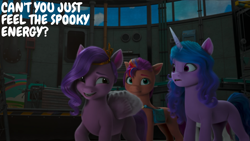 Size: 2000x1125 | Tagged: safe, edit, edited screencap, editor:quoterific, imported from derpibooru, screencap, izzy moonbow, pipp petals, sunny starscout, earth pony, pegasus, pony, unicorn, spoiler:g5, spoiler:my little pony: make your mark, spoiler:my little pony: make your mark chapter 4, spoiler:mymc04e02, canterlogic factory, dialogue, female, fluttershy's cutie mark, folded wings, g5, looking at each other, looking at someone, mane stripe sunny, mare, my little pony: make your mark, my little pony: make your mark chapter 4, pins, rainbow dash's cutie mark, satchel, top remodel, trio, twilight sparkle's cutie mark, wings