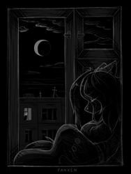 Size: 1357x1804 | Tagged: safe, artist:dipfanken, imported from derpibooru, oc, oc only, earth pony, pony, crescent moon, monochrome, moon, solo, window