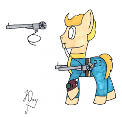 Size: 1582x1513 | Tagged: safe, artist:yusik jerovich, imported from derpibooru, oc, earth pony, pony, fallout equestria, fallout, fallout: new vegas, gun, photo, vault boy, weapon