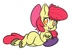 Size: 2388x1668 | Tagged: safe, artist:steelsoul, imported from derpibooru, apple bloom, earth pony, pony, fangs, female, filly, foal, lying down, open mouth, pillow, simple background, solo, unshorn fetlocks, white background, wingding eyes