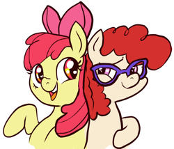 Size: 820x702 | Tagged: safe, artist:oftheironwilled, imported from derpibooru, apple bloom, twist, earth pony, pony, female, filly, foal, glasses, simple background, smiling, white background