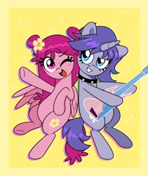 Size: 2700x3200 | Tagged: safe, artist:darkynez, imported from derpibooru, pegasus, pony, unicorn, ami onuki, blushing, collar, electric guitar, female, grin, guitar, hi hi puffy ami yumi, mare, musical instrument, one eye closed, ponified, rule 85, smiling, spiked collar, wink, yumi yoshimura