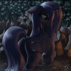 Size: 2560x2560 | Tagged: safe, artist:cherrymocaccino, imported from derpibooru, princess luna, alicorn, bush, butt, dock, female, forest, grass, high res, mare, moonbutt, plot, pond, scenery, solo, tail, water, wet, wet mane, wings