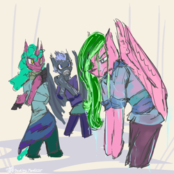 Size: 1500x1500 | Tagged: safe, artist:destiny_manticor, imported from derpibooru, oc, oc only, oc:flumine carcad, oc:rosa caerula, oc:warten samitelas, bat pony, pegasus, semi-anthro, unicorn, abstract background, amputee, arm hooves, clothes, digital art, female, fluffy hair, looking at someone, male, prosthesis, prosthetic limb, prosthetics, sketch, sketch dump, trio, wet