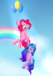 Size: 2480x3508 | Tagged: safe, artist:leonkay, imported from derpibooru, izzy moonbow, pinkie pie, earth pony, pony, unicorn, balloon, floating, g4, g5, generational ponidox, izzy and her heroine, then watch her balloons lift her up to the sky