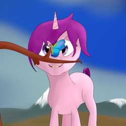 Size: 1482x1482 | Tagged: safe, artist:kujivunia, imported from derpibooru, oc, oc only, butterfly, unicorn, cropped, dead tree, female, field, happy, mountain, smiling, snow, solo, tree, tree branch