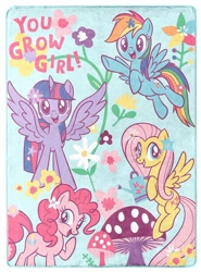 Size: 1104x1491 | Tagged: safe, imported from derpibooru, fluttershy, pinkie pie, rainbow dash, twilight sparkle, alicorn, earth pony, pegasus, pony, blanket, flower, flower in hair, merchandise, mushroom, simple background, twilight sparkle (alicorn), watering can, white background