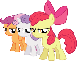 Size: 3807x3000 | Tagged: safe, artist:cloudy glow, imported from derpibooru, apple bloom, scootaloo, sweetie belle, earth pony, pegasus, pony, unicorn, one bad apple, .ai available, apple bloom is not amused, cutie mark crusaders, female, filly, foal, scootaloo is not amused, simple background, sweetie belle is not amused, transparent background, unamused, vector